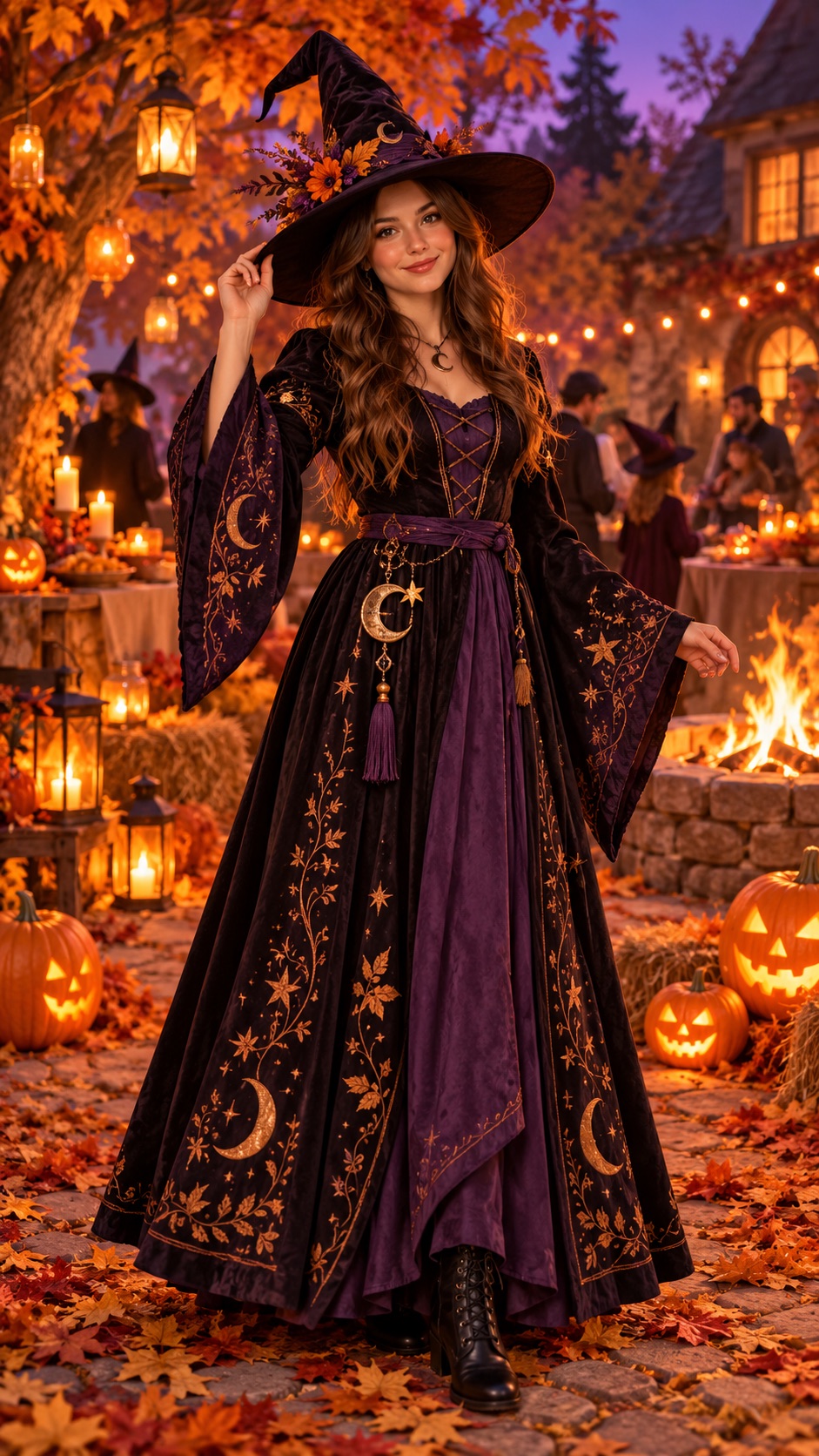 Concept example of an original witch costume at a pumpkin-lit party