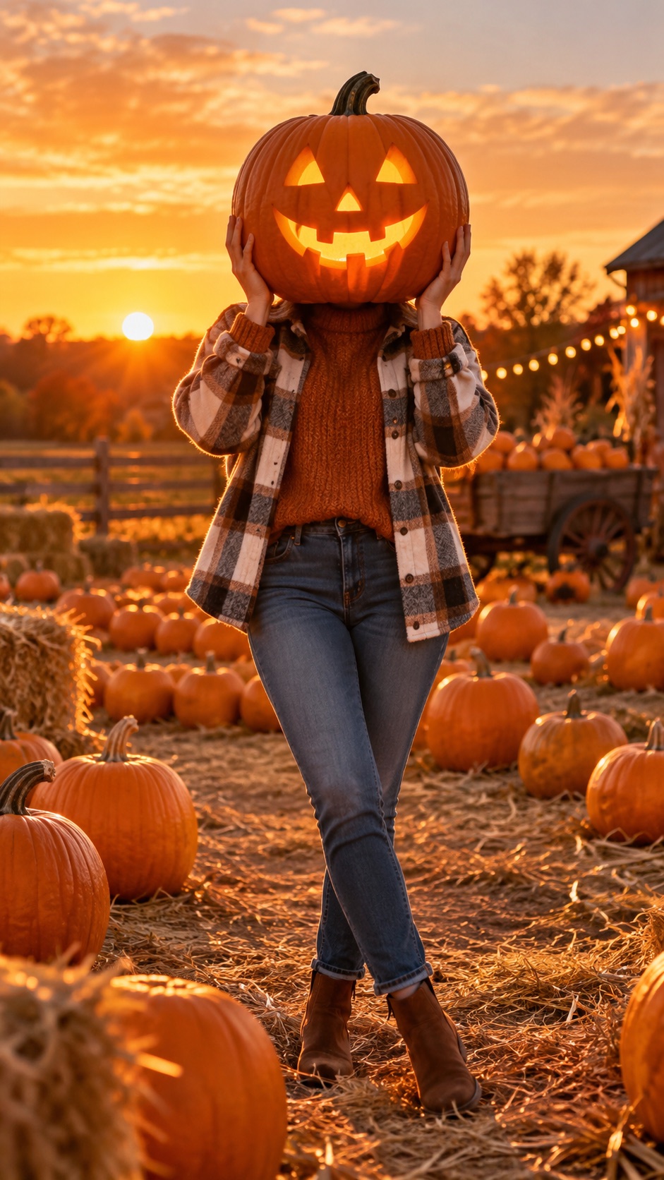 Concept example of a person holding a glowing pumpkin over their head
